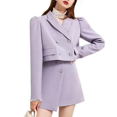 China Fashion Anti-Static 2 Piece Set Lapel Long Sleeve High Waist Mini Skirt Suit Double Breasted Jacket Blazer for sale