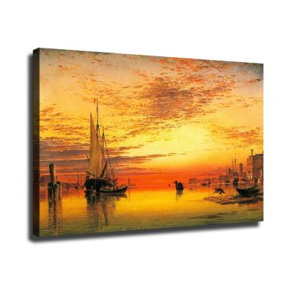 China Waterproof+ECO-Friendly Handmade Beautiful Golden Famous Landscape Drawing Abstract Seascape Sunset Landscape Canvas Oil Boat Painting for sale