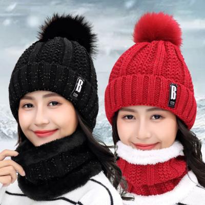 China Fashion\Winter Cute Comfortable\Durable Ski Slouchy Knit Skull Cap Beanie Hat Scarf Set Girls With Striped Fleece for sale