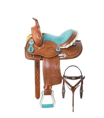 China FREE SAMPLE Barrel Packing Western Saddle Leather Western Spike Heavy Duty With Matching, Headpiece, Breast Collar for sale