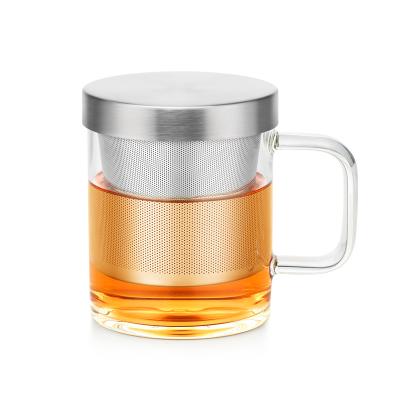 China Oficina Espresso Café Borosil Tazas de té de vidrio portátiles de 350 ml con manijas de infusión en venta