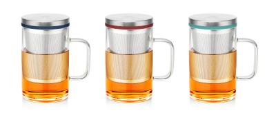 China Stainless Steel Infuser Lid Borosilicate Glass Tea Cups 450ml Dishwasher Safe for sale