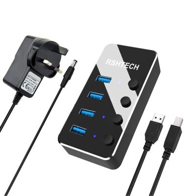 China Transfer Data RSHTECH Powered USB Hub AC 5V/2A On/Off Switches 5Gbps 4 USB 3.0 Universal Individual High-Speed ​​Port Hub For PC Laptop for sale