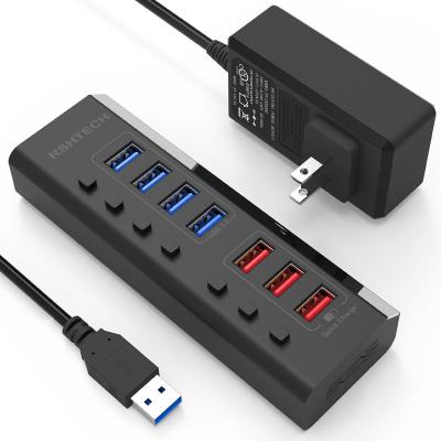 China RSHTECH Plug and Play 7 Port Hub 36W 3 Power Supply Red Fast USB 3.0 Charging 4 USB 5Gbps Data Ports USB Hub for Laptop and PC for sale