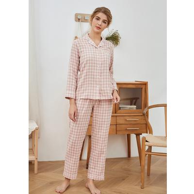 China Women's Soft Women's Sleepwear Cotton Breathable Classic Nightgowns Plaid 2 Pieces Long Sleeve Cotton Pajamas Set for sale