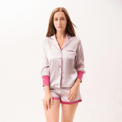 China Womens 100% Breathable Silk Charmeuse Satin Long Sleeve Shirt And Shorts Pajama Set For Summer for sale