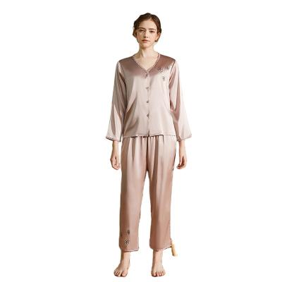 China Breathable Ladies Light Blue And Gooseberry Purple Color 2 Piece Elastic Silk Jacquard Pajama Sets for sale