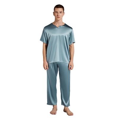 China Breathable High Quality Elastic Silk Satin Round Neck Mens Sleepwear Sets Solid Short Sleeve Pajamas for sale