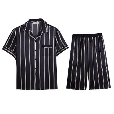 China Custom Designer Breathable Silk Satin Stripe Print High Quality Homewear For Men Short Sleeve Pajamas for sale