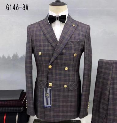 China Anti-Wrinkle EU Size Suits Sets Coat Pants 2 Pieces Luxury Brand Blue Plaid Groom Wedding Double Breasted High End Formal Business Suit for sale