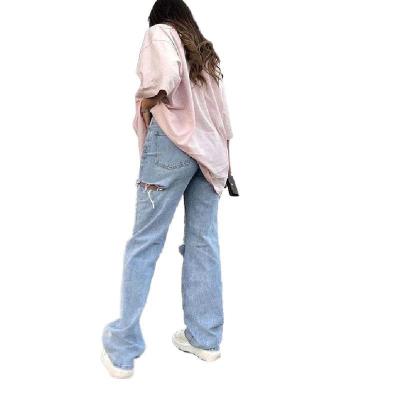 China High Quality And Cheap Viable Lady Zipped Button Women Casual Straight Ripped Jeans for sale