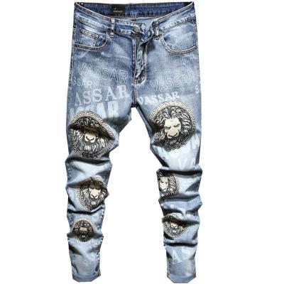 China Digital blue white men's favorite digital blue white men's summer European and American brand fashion print spring cat stretch QUICK-DRY thin jeans for sale