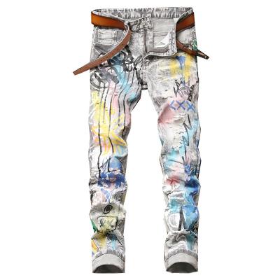 China QUICK DRY men's casual skinny jeans with inkjet print, small straight tube, hand painted graffiti men's jeans for sale