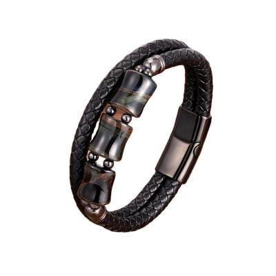 China FASHIONABLE Natural Steel Tiger Eye Buckle Leather Bracelet Men Stainless Steel Magnetic Gift for sale