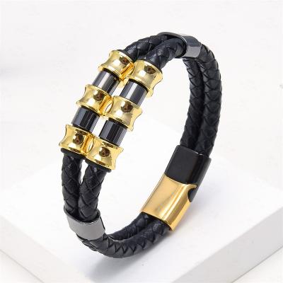 China Fashion TRENDY Design Leather Rope Stainless Steel Bracelet Men Ladies Couple Leather Bracelet for sale