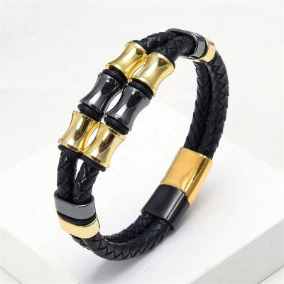 China New FASHIONABLE Double Rope Stainless Steel Leather Accessories Leather Bracelet Punk Wristband for sale