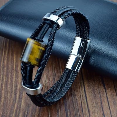 China New FASHIONABLE Handwoven Natural Barrel Beads Punk Leather Bracelet Men's Multilayer Leather Bracelet for sale