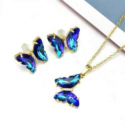 China TRENDY 18K Gold Color CZ Pave Crystal Stud Necklace Set Butterfly Necklace Ladies Jewelry Set for sale