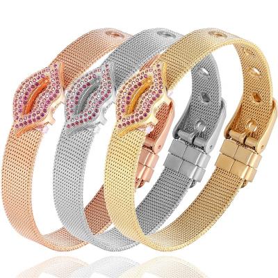 China FASHIONABLE High Quality Stainless Steel Strap Bracelet Lips Zircon Jewelry Charm Bracelet Lovers Girl Gift for sale