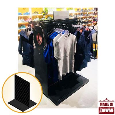 China Brand Metal Slatwall Shelving Display Countertop Phone Case Hoodie Blouse Black Floor Slatwall Display Rack for sale