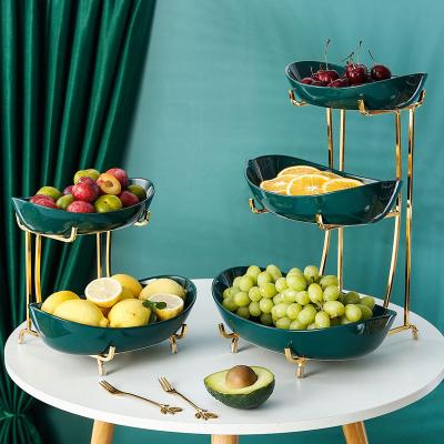 China Nordic Luxury Living Room 3 Tier Candy Dessert Serving Plate Ceramic Snack Plates Set with Metal Stand Fruit Basket Storage for sale