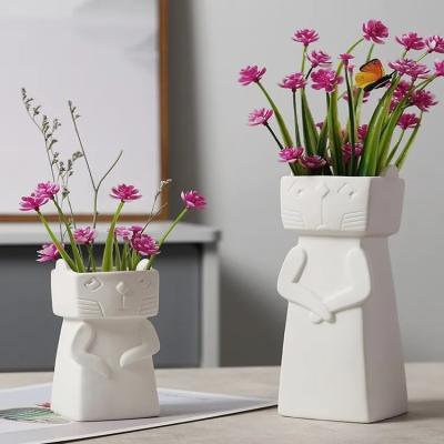 China Nordic Ceramic Cat Flower Vase Creative Handmade White Hydroponic Plant Pot Home Decoration Kawaii Arrangement Table Cen for sale