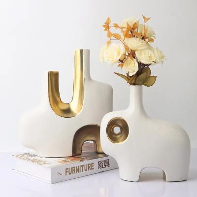 China Modern Creative Art Luxury Ceramic Vase Flower Container Living Room Porch Desktop Home Decor Gold Plated Flower Vase for sale