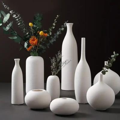 China White Ceramic Vase Striped Brushed Texture Narrow Mouth Vase Flower Arrangement Ceramic Crafts Home Decorative Vases Pot for sale