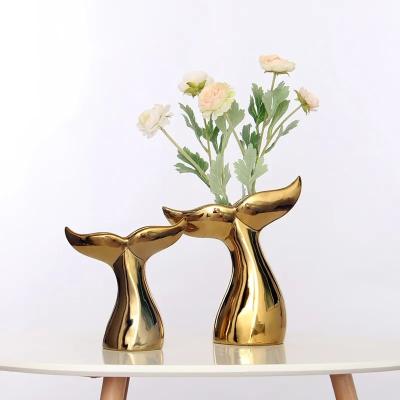 China Electroplating Gold Ceramic Home Living Room Decoration TV Cabinet Desktop Gift Mermaid Tail Ceramic Vases for Home Deco for sale