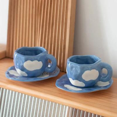 China Hand-painted Blue Sky White Clouds Afternoon Coffee Cups Hand-kneaded Irregular Mug Set Ceramic Cup and Saucer Set for sale