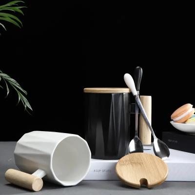 China 380ml White And Black Sublimation Tumbler Travel Cups With Gift Box Bamboo Lid Matte Ceramic Coffee Mug With Wooden Hand for sale