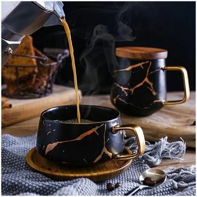 China Nordic Marble Gold Coffee Mug Matte Luxury Cup Ceramic Water Cafe Tea Milk Coffee Cups Ceramic Mug with Wood Saucer/Lid for sale