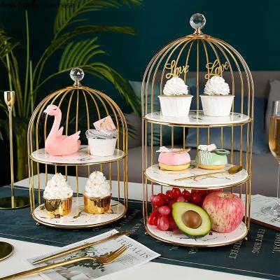 China Art Ceramic Cake Stand Snack Table Decorating Display Stand Multi-tier Trays Afternoon Tea Dessert Rack Birdcage Iron Pl for sale