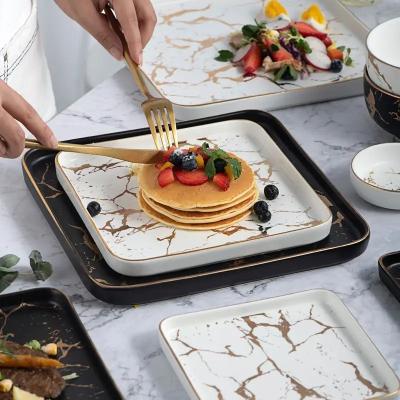 China Nordic Tableware Marble Ceramic Dinnerware Plates Restaurant Matte Gold Rim Luxury Black White Square Steak Dinner Plate for sale