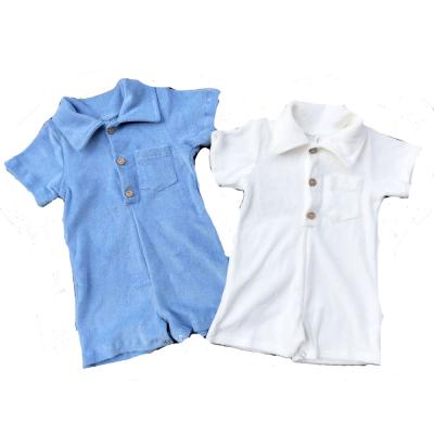 China Blue and White Short Sleeve Towel Toddler Onesie Toddler Color Infant Terry Overalls With Collar Baby Romper for sale