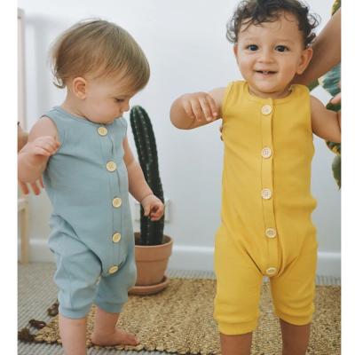 China Newborn Unisex Cotton Sleeveless Ribbed Romper Baby Button Harem Overalls Solid Sleeveless Romper for sale