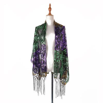 China Polyester Mardi Grad Women Gold Sequin Shawl Fashion Holiday Purple Green Scarf For Ladies for sale