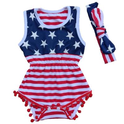 China Sleeveless RTS USA 4th of July baby tank onesie pom pom baby romper for sale