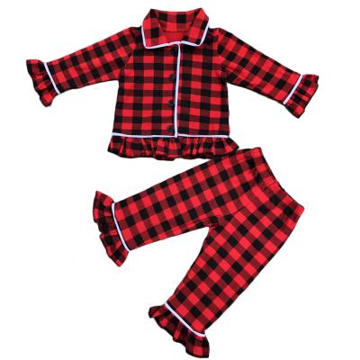 China Eco-Friendly Christmas Pajamas Family Sleeve Plaid Shirt Kids Sleepwear Pajamas Set Ruffle Shirt And Pants Long With Piping for sale