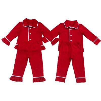 China Wholesale Eco-Friendly Christmas Family Pajamas Fall Matching Ruffle Pants Solid Red Pajamas 2 Piece Set Collar Sleepwear With Piping for sale