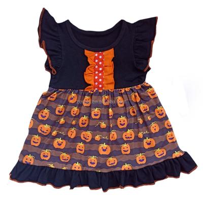 China Anti-wrinkle vintage infant one pice remake dress Halloween brown pumpkin school girls ruffle dress for sale