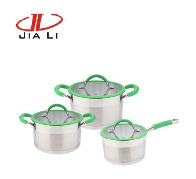 China Sustainable silidon lid silicon handle normal cooking stainless steel cookware set for sale