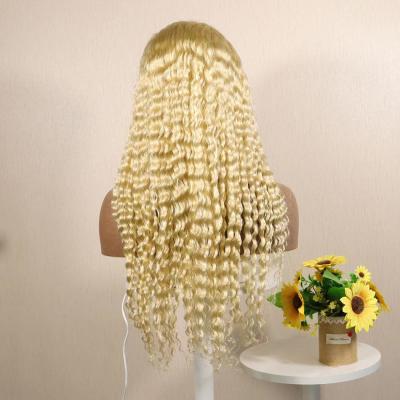 China Cheap Sheer Lace Front Blonde Wig, 18-26 Inch Long Same Wig, Deep Wave Hair Factory Price Blonde Curly Hair Wig for sale