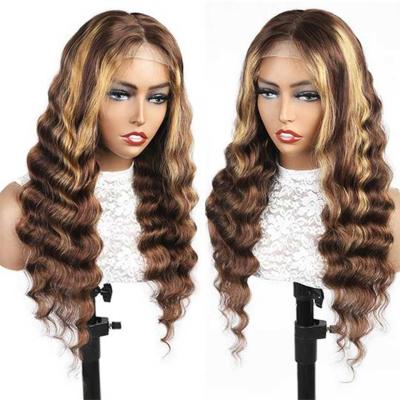 China Hd 4x4 5x5 Hd 4x4 5x5 Deep Swiss Deep Wave 10a Grade Wig Honey Brown Ombre Highlight Human Hair Closure Wigs for sale