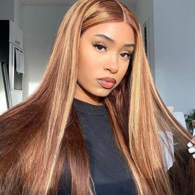 China Silky Straight Wave Brown 13X4 Lace Front Wig Straight Honey Blonde Highlight Brazilian Lace Front Human Hair Wigs For Women Bleach Knots for sale