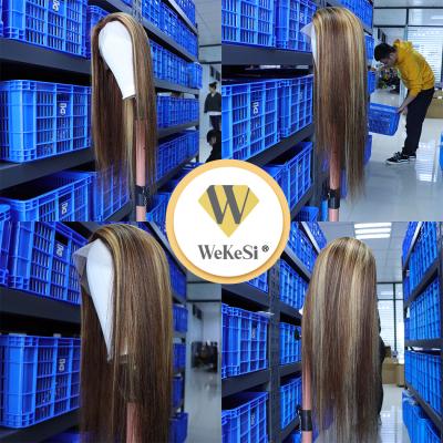 China Silky Straight Wave Customized Texture Long 40 Inch Honey Brown Highlight Color Cuticle Aligned Hair Hd Lace Front Wigs for sale