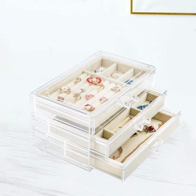 China Durable Acrylic Jewelry Box 3 Drawers Velvet Jewelry Organizer Earring Rings Necklaces Bracelets Display Case Gift For Women, for sale