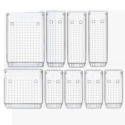 China Stocked 9 Pieces Set Jewelry Makeup Cutlery Desk Dividers Drawer Stackable Clear Plastic Organizer for sale