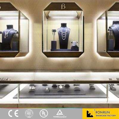 China Luxury Modern Stainless Steel Jewelry Display Shadow Box Retail Showcase for sale