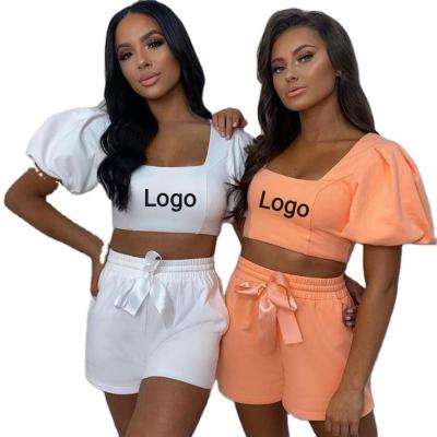 China 2021 New Arrival QUICK DRY Loungewear Sets Two Piece Pants Short Set Women Puff Sleeve Top Biker Jogger Sets for sale